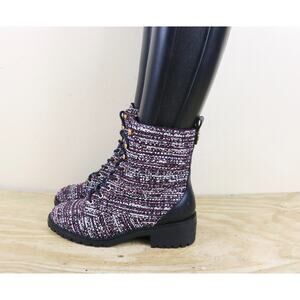 New Tory Burch Boots 5.5M Purple Tweed Leather Miller Combat Ankle Shoes